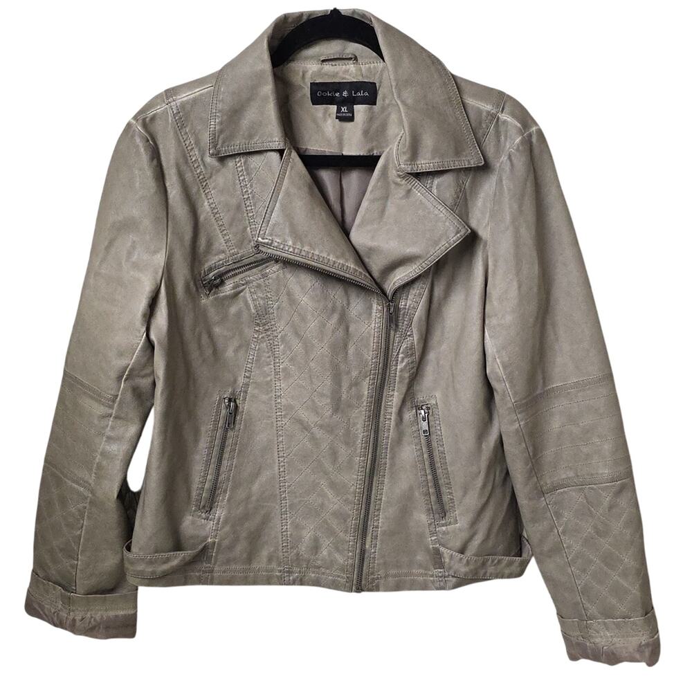 Ookie & Lala Faux Leather Moto Jacket Taupe Womens Size XL